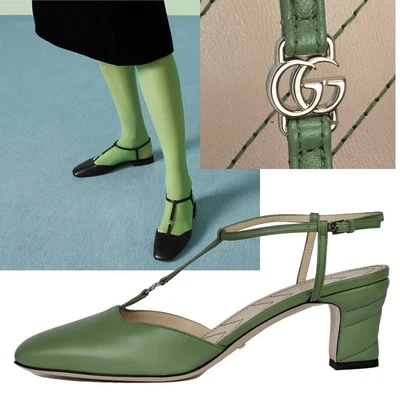 GUCCI SHOES T-STRAP GREEN LEATHER DOUBLE G LOGO SLINGBACK PUMPS $940 40 10 - Image 1 of 4