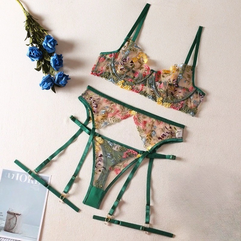 Sexy Sujetador de Encaje Floral Bordado Tanga Conjunto de 3 Piezas Lencería Prendas para Dormir Ropa Interior Foto 1 de 4