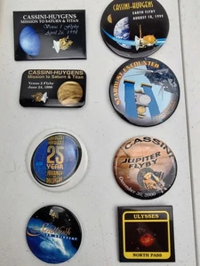 Lot Of Eight Cassino-Hughes NASA Space Mission Pin Back Button Tin Badges  - Picture 1 of 10