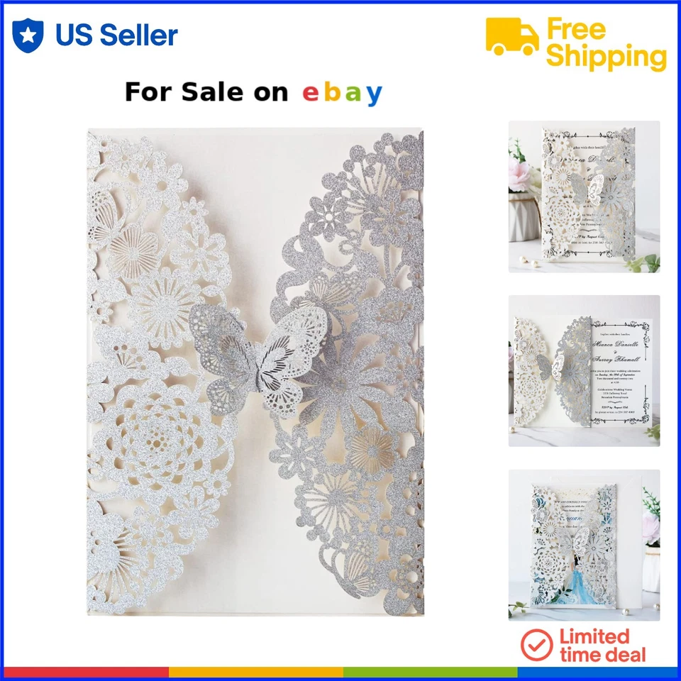 Convites de casamento corte a laser prata glitter renda floral pacote borboleta 50 - Imagem 1 de 4