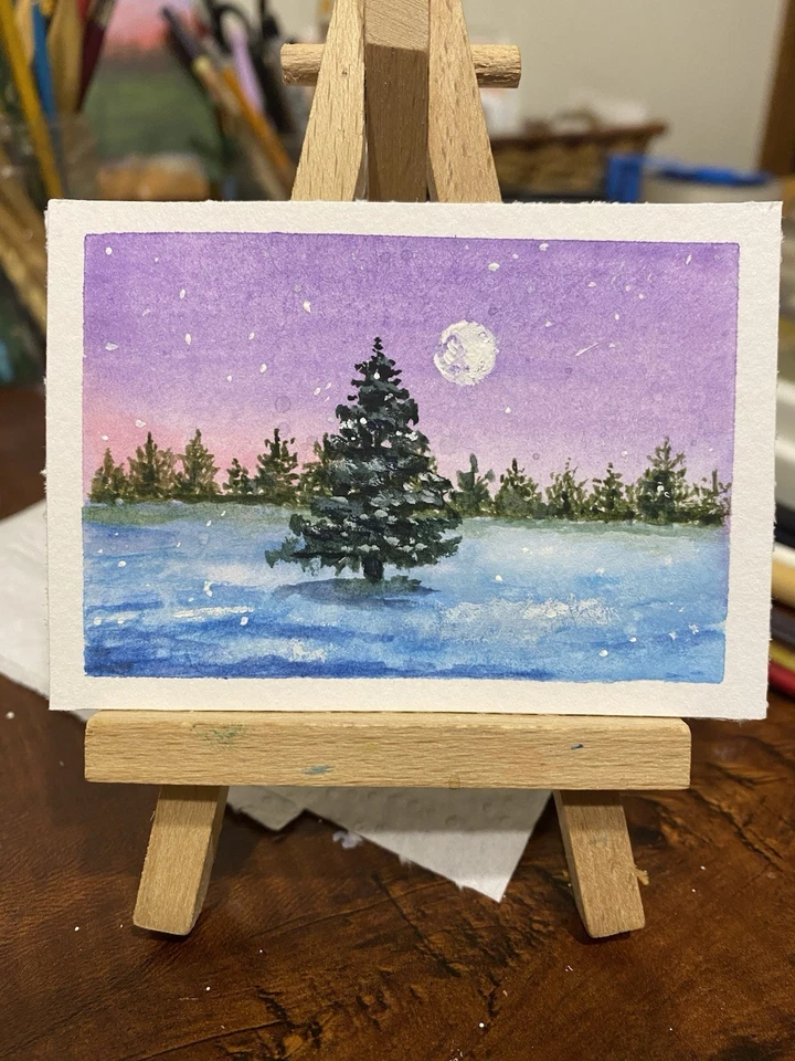 ACEO Original Watercolor Art 2.5”x 3.5” Painting “Moonlit Night” By Pamela Long - Image 1 of 1
