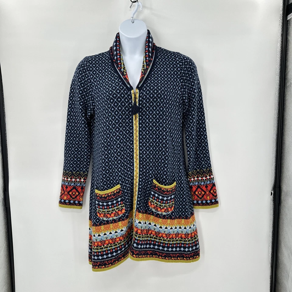 Sahalie Suéter Abrigo Mujer Grande Azul Fair Isle Cremallera Cárdigan Boho Nordic Folk Foto 1 de 4