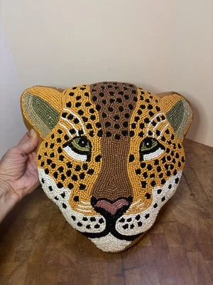 Beaded Leopard Face Pillow Embroidered Modern Adler Style No Tags! - Image 1 of 4
