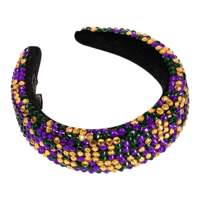 Beaded & Glitter Mardi Gras Headband Purple, yellow and green beads - Image 1 of 2