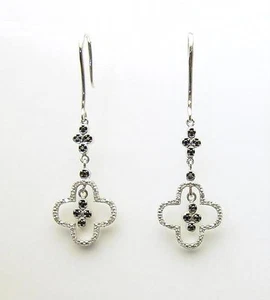 10K White Gold Black & White Diamond Earrings Vintage Style Hook Dangles .15ct - Picture 1 of 2