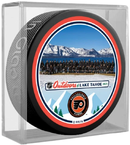 Philadelphia Flyers Lake Tahoe NHL Outdoors Team Photo Puck (in Display Cube) Cover