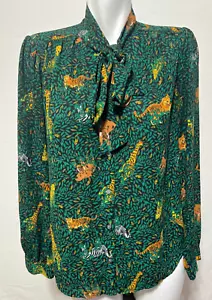 J. Crew Women Small Top Shirt Blouse Green Bow Front Tropical Tiger Print - Picture 1 of 5