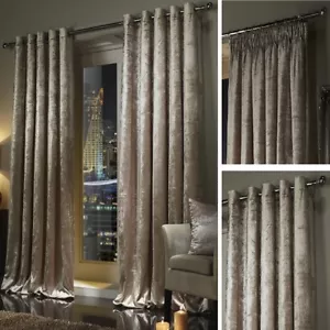 TAUPE Plush Crushed Velour Faux Velvet Pencil Pleat / Eyelet Ring Top Curtains  - Picture 1 of 10