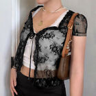 Floral Lace Cardigans Y2K Brown Crop Top Frill Cute T Shirt Tie Up Sexy Tee Top