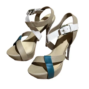 l.a.m.b. Gwen Stefani Sz 8 Tan White Leather Platform Heel Pump Y2K Fairy - Picture 1 of 6