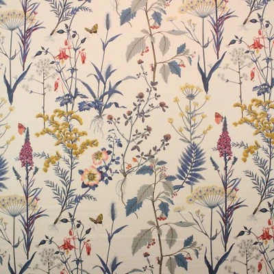 BALLARD DESIGN ISABELLA BLUE FLORAL BOTANICAL BUTTERFLY FABRIC BY THE YARD 54" W - Image 1 of 4