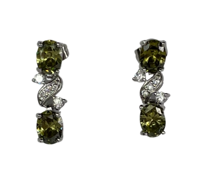 WHITE GOLD FINISH Oval Cut Green Peridot and Round Cut Created Diamond Earrings - Image 1 of 4