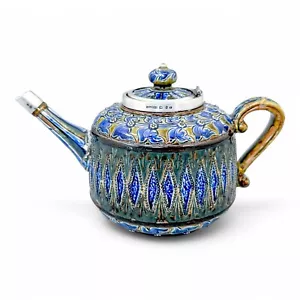 Royal Doulton Lambeth stoneware teapot with silver mounts, John Grinsell, 1880 - Picture 1 of 15