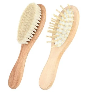 Soft Goat Bristle Baby Hair Brush Set Wooden Cradle Cap Brush 2PCS - Picture 1 of 8