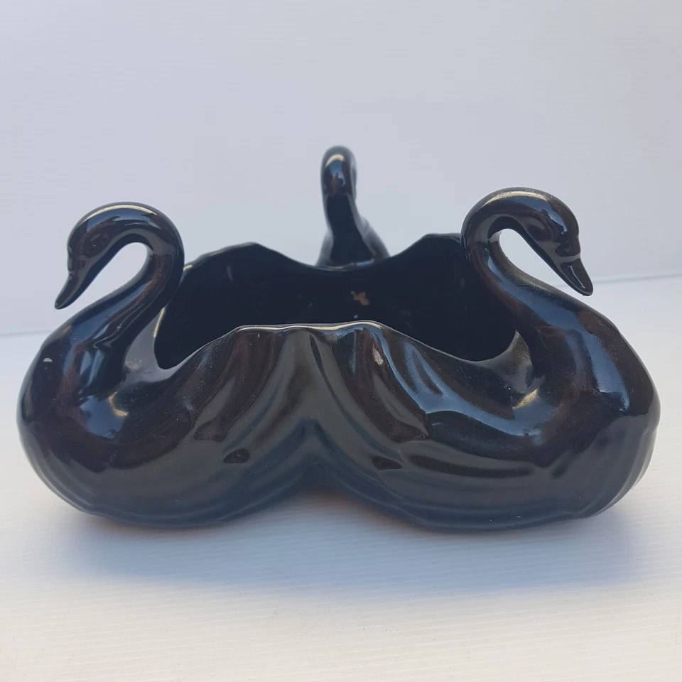 Vintage Black Vase Swan Trio Deco Vase Bird Ceramic Table Centre MCM - image 1 of 4