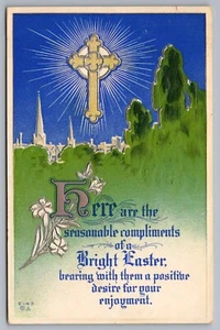 1913 Osterkreuz Kirche Kirchtürme Jugendstil Silber vergoldet geprägt Postkarte - Bild 1 von 2