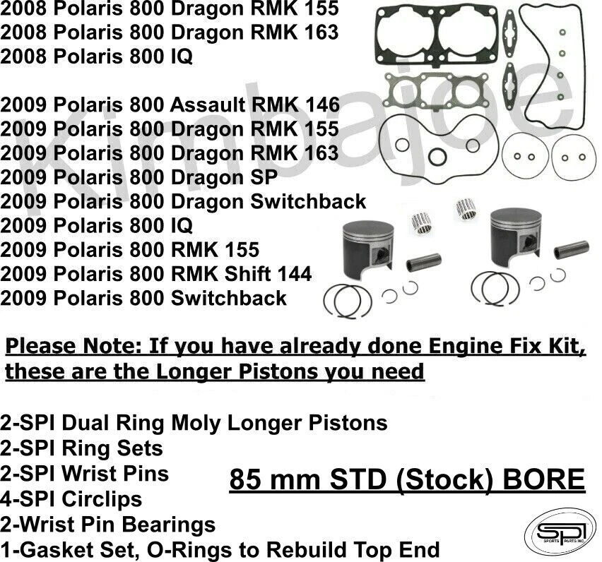 2008 2009 Polaris 800 IQ Dragon SP RMK Engine Fix Longer Piston Kits Rebuild - Image 1 of 1