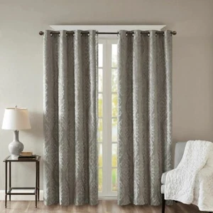 Charcoal Grey Knitted Jacquard TOTAL BLACKOUT Grommet Top Curtain Panel-ALL SIZE - Picture 1 of 10