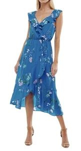 Socialite Damen Rüschen Faux Wickel High Low Midikleid royalblau geblümt Gr. L - Bild 1 von 8