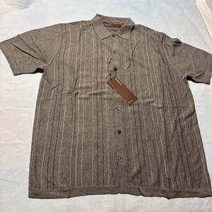 Perry Ellis Mens Ribbed Knit Short Sleeve Button-Up Shirt Iron Heather Gray Sz L - Picture 1 of 6