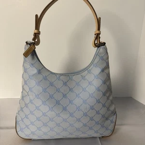 Bolso de mano Ralph Lauren azul cielo con asas y parte inferior de cuero camel - Imagen 1 de 16