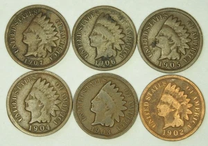 1902, 1903, 1904, 1905, 1906, 1907 Indian Head Penny - 6 coin lot - Picture 1 of 2