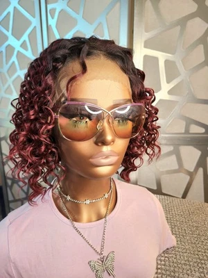 Burgundy Bob Curly Wig Human Blend, 13x4 Lace Front Ombre Dark Red Glueless Heat - Image 1 of 4