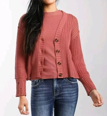 Conjunto de suéter regata e cardigã BKE Pointelle desgastado em pêssego profundo tamanho P novo sem etiquetas - Imagem 1 de 4