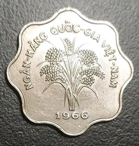 1966 VIETNAM 5 DONG SCALLOP SHAPE CLEANED COIN RICE STALKS KM 9 - Picture 1 of 2