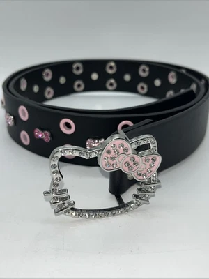 "Hello Kitty Sanrio Cinturón Negro Rosa Estrás Arcos Hebilla Plateada XL 46""" Foto 1 de 4
