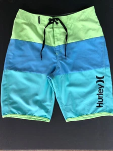 Hurley Boys 14 (27) Board Shorts LimeGreen/Aqua Blue/Blue Stripe W/Pocket - Picture 1 of 5
