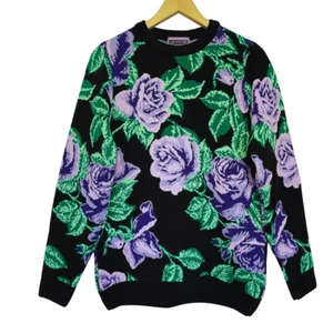 Richard Quinn Designer Floral Jacquard Sweater Womens Size 10 Purple Chunky Knit - Picture 1 of 9