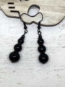 Pair Of Black Glass Beaded Earrings Drop Dangle Goth Pagan Elegant Festival - Picture 1 of 8