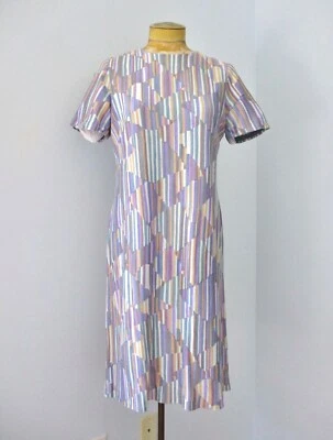 Vestido de Secretaria Funda Tejido Poli Satinado Geométrico Azul Púrpura Años 60 70 De Colección M/L Foto 1 de 4
