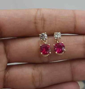 Round Cut 3.60 Ct Natural Red Ruby & Diamond Earring Stud Real 14K Yellow Gold - Picture 1 of 8