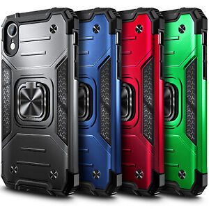 For iPhone XR Case Shockproof Ring Stand Phone Cover + Tempered Glass Protector
