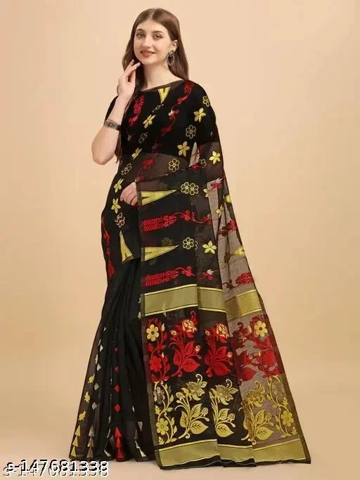 Женское хлопковое льняное дизайнерское сари Dhakai Jamdani без блузки - Изображение 1 из 1