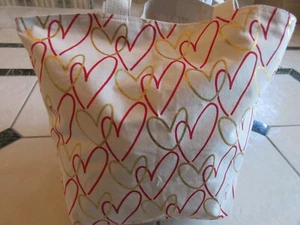100% Cotton Canvas All Natural Reusable Shopper Tote Bag With Printed Hearts NWT - Picture 1 of 7