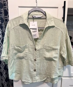 ZARA Shirt Womens XS Button Up Linen Cropped  Oversized Blouse  sage color nwt - Picture 1 of 5