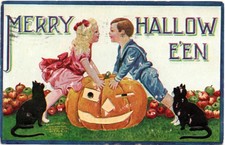 Oct 30 1909 Merry Hallowe'en Postcard Boy Girl Above Jack O Lantern W Black Cats