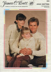 ~ James C Brett Knitting Pattern For Family Sizes Aran Sweaters ~ 26" ~ 44" ~ - Picture 1 of 1