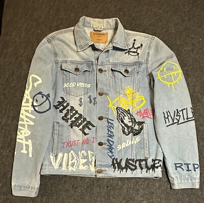 Chaqueta vaquera de camionero motociclista de carbono talla mediana con diseño de graffiti F12 Foto 1 de 4