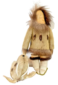 Vintage Alaskan Native Eskimo Doll Handmade Baby Walrus Leather Fur Parka Inuit - Picture 1 of 24