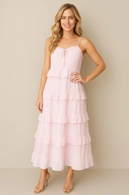 Imagine 100% Cotton Tiered Dress S/M – Pink Ruffle Maxi, Fully Lined. - Image 1 of 4
