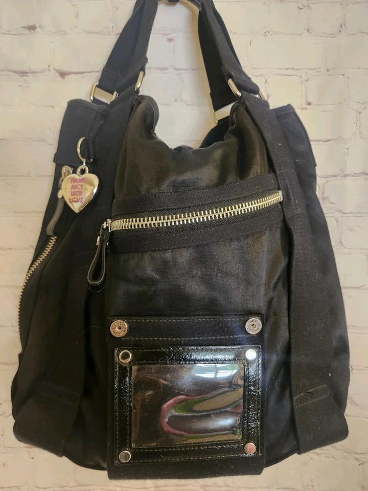 Винтажная нетронутая 1990-х Juicy Couture большой черный кожаный/нейлон сумка с короткими ручками w/подвеска - Изображение 1 из 4