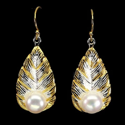 Brincos de prata esterlina 925 redondos de pérola 8 mm folha pedra preciosa natural joias - Imagem 1 de 4