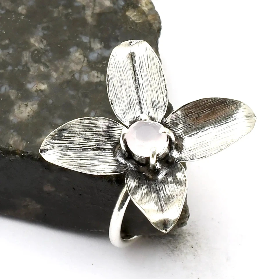 Anillo de flores étnico hecho a mano con piedras preciosas de calcedonia rosa joyería talla 9 de EE. UU. AR 26387 Foto 1 de 1