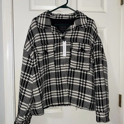 NOVA Jaqueta Feminina Sanctuary XL The Shacket Xadrez Ombro Caído Malha Preto Marfim - Imagem 1 de 4