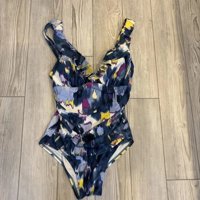 DKNY 女式钢圈文胸防肚泳装 8 码薰衣草蓝色荷叶领 — 第 1/4 张图片