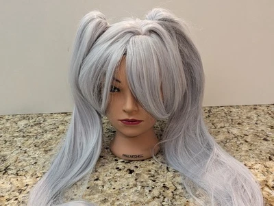 Peluca Frien Cosplay Larga Recta Doble Cola de Caballo con Flequillo Blanco Gris Anime Foto 1 de 4